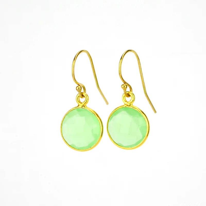 White Gold Earrings-Green Chalcedony bezel set Earrings  - August Birthstone