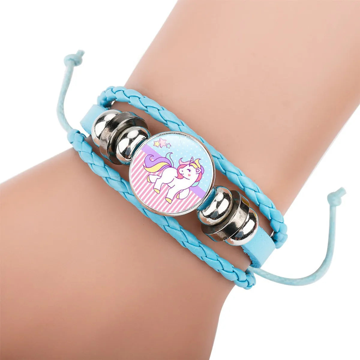 Personalized Name Ring-Cute Children's Cartoon Unicorn Pony Blue Hand-woven Rope Leather Bracelet