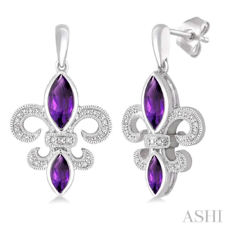 Luxury Diamond Earrings-Silver Fleur De Lis Amethyst & Diamond Earrings