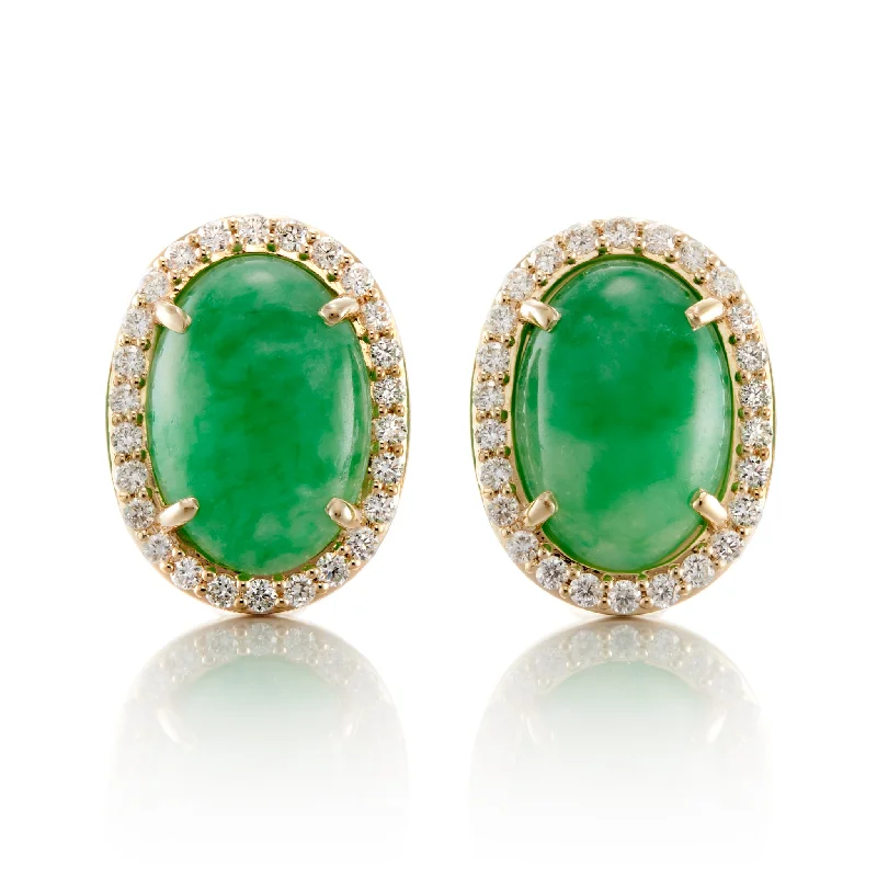 Unique Earrings for Bridesmaids-Green Jade Cabochon & Diamond Earrings