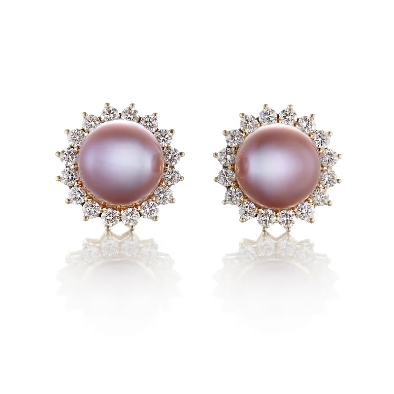 Luxury Gemstone Earrings-Halo Earrings in Pink Pearls & Diamonds