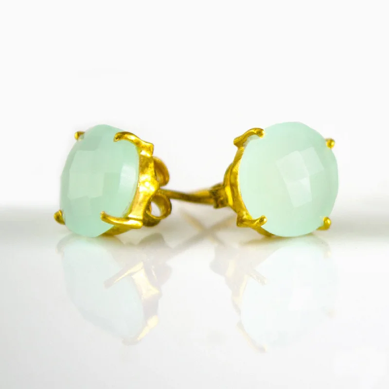 Gold Plated Earrings-Aqua Chalcedony Round Prong Set Stud Earrings - March Birthstone