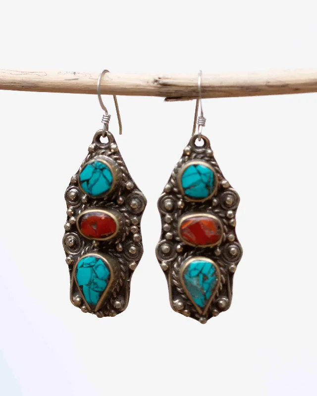 Artistic Drop Earrings-Dallas Turquoise Tibetan Earrings ~German Silver ~ SME061