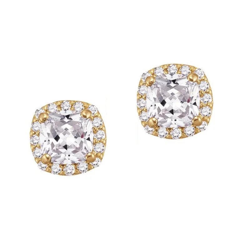 Bridal Earrings with Crystals-5MM Cushion White Topaz and White Sapphire Birthstone Halo Stud Earrings in 10KT Yellow Gold