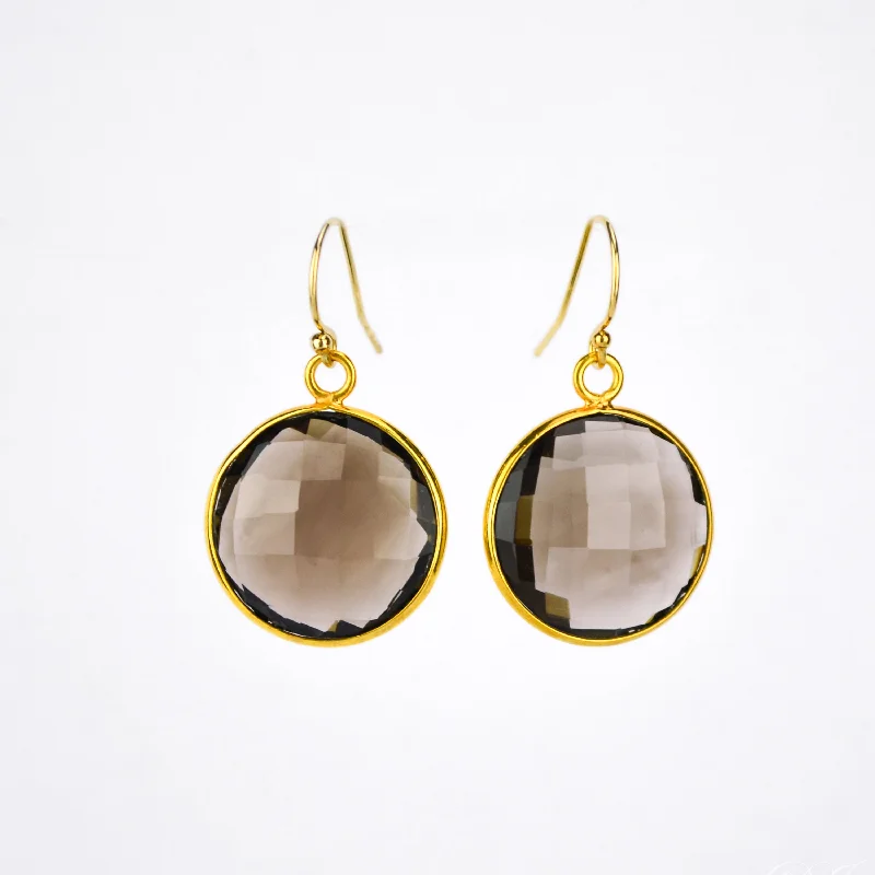 Geometric Drop Earrings-Smoky Quartz Large Round Vermeil Gold or Sterling Silver Bezel Set Earrings