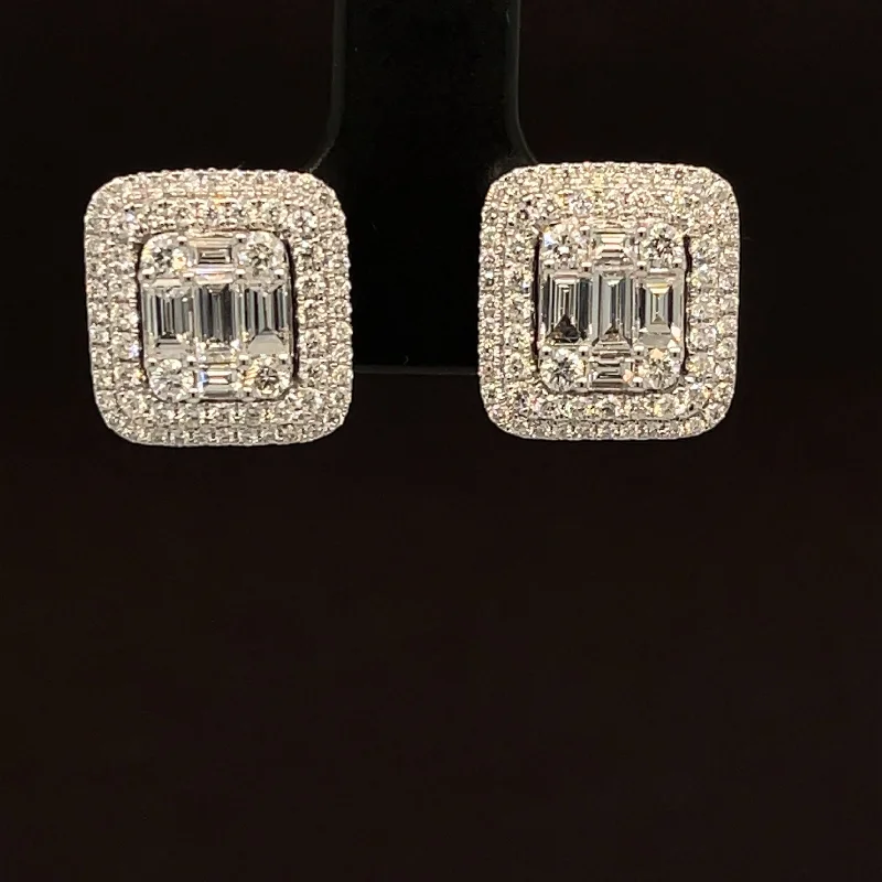 Wedding Jewelry Earrings-Diamond 1.34ctw Baguette Cushion Cluster Earrings in 18k White Gold - #392 - ERDIA352250