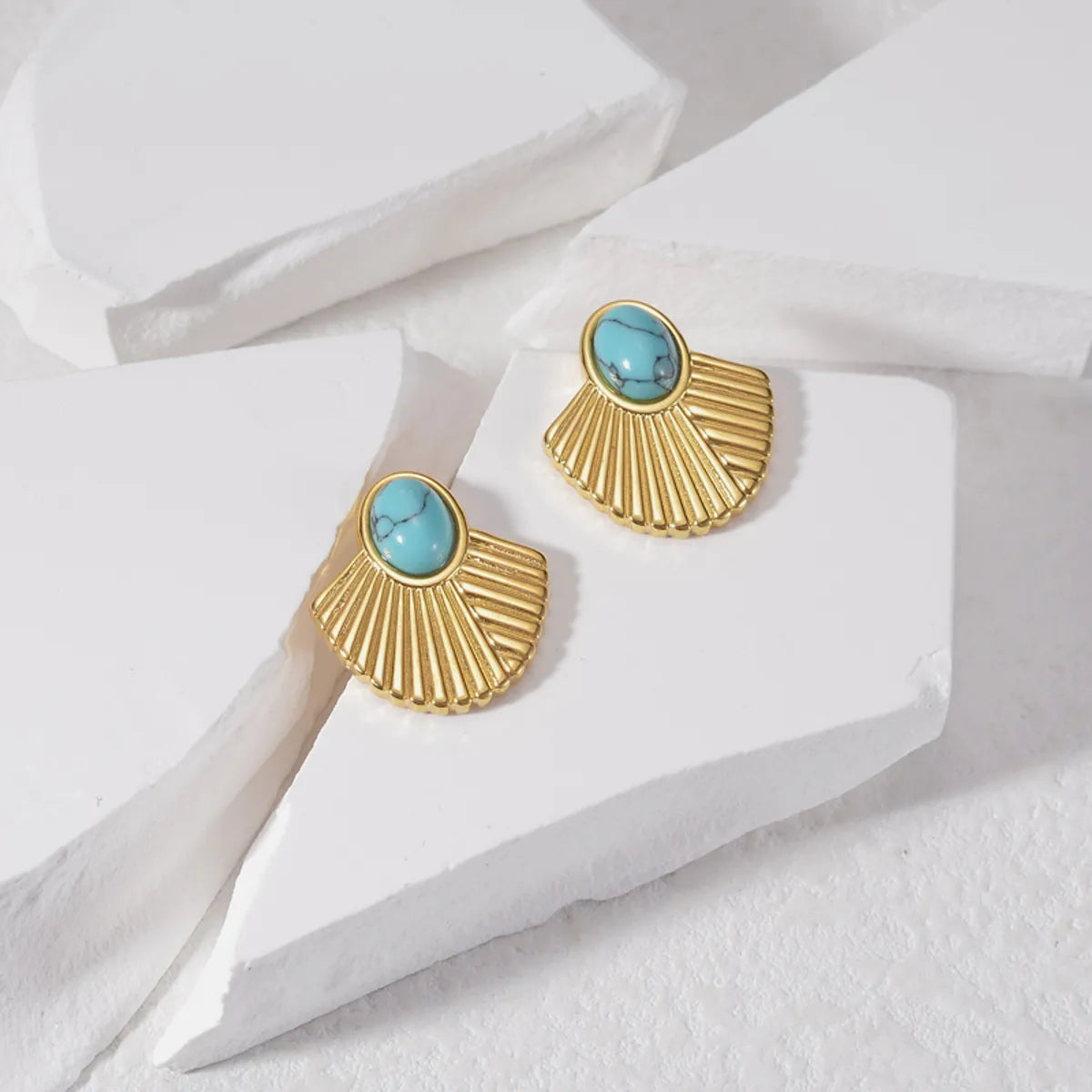 Dazzling Gold Earrings-1 Pair Classic Style Sector Plating Inlay Stainless Steel Turquoise 18k Gold Plated Ear Studs