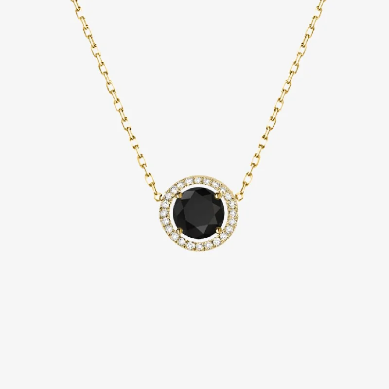 Black and White Diamonds. Solitaire Halo Gold Necklace