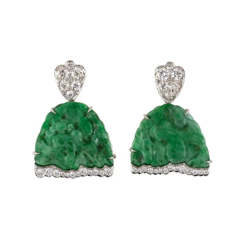 Classic Gold Earrings-Carved Jadeite Umbrella & Diamond Dangle Drop Earrings