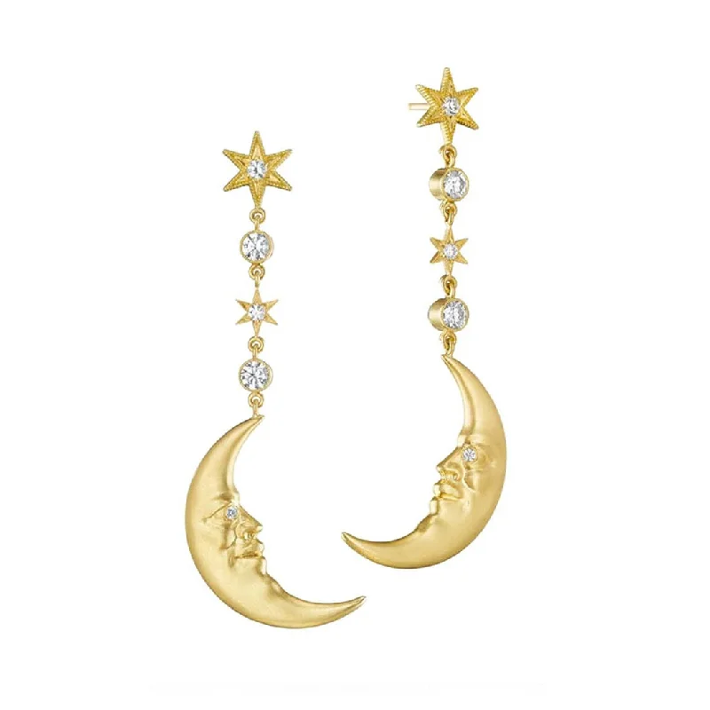 Custom Birthstone Earrings-Hanging Crescent Moonface Earrings