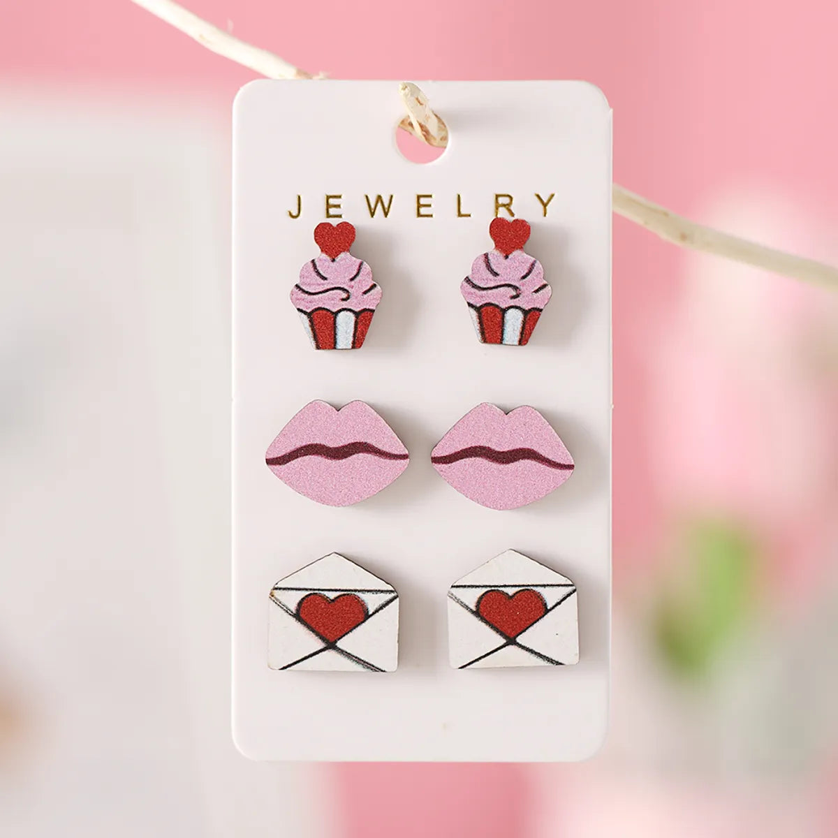 Colorful Earrings for Teens-3 Pairs Cute Sweet Lips Heart Shape Wood Ear Studs