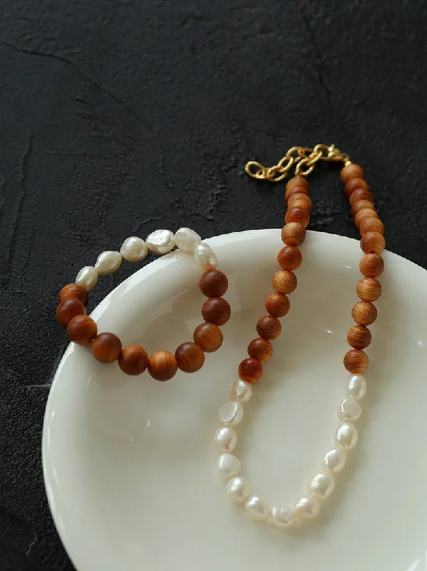 Primeval Forest Nature's Wood Bead Pearl Necklace