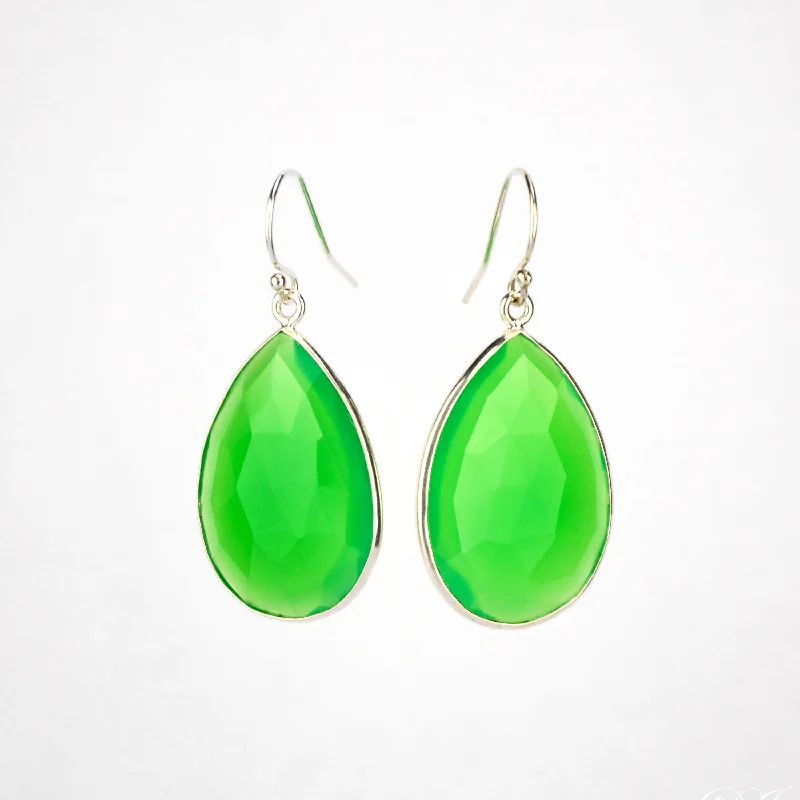 Silver Dangle Earrings-Faceted Green Chalcedony Teardrop Bezel Set Earrings - August Birthstone