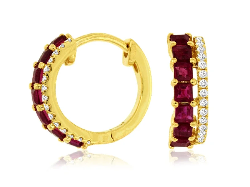 Cute Stud Earrings for Teenagers-14K Yellow Gold Ruby & Diamond Hoops