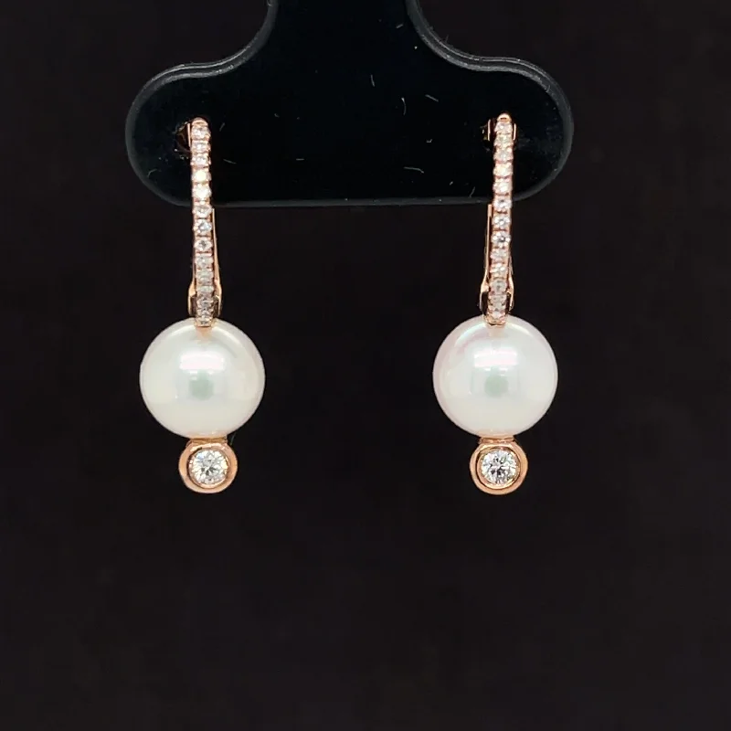 Artistic Drop Earrings-Diamond & Pearl Drop Huggie Hoop Earrings in 14k Rose Gold - #172 AJE00112-003