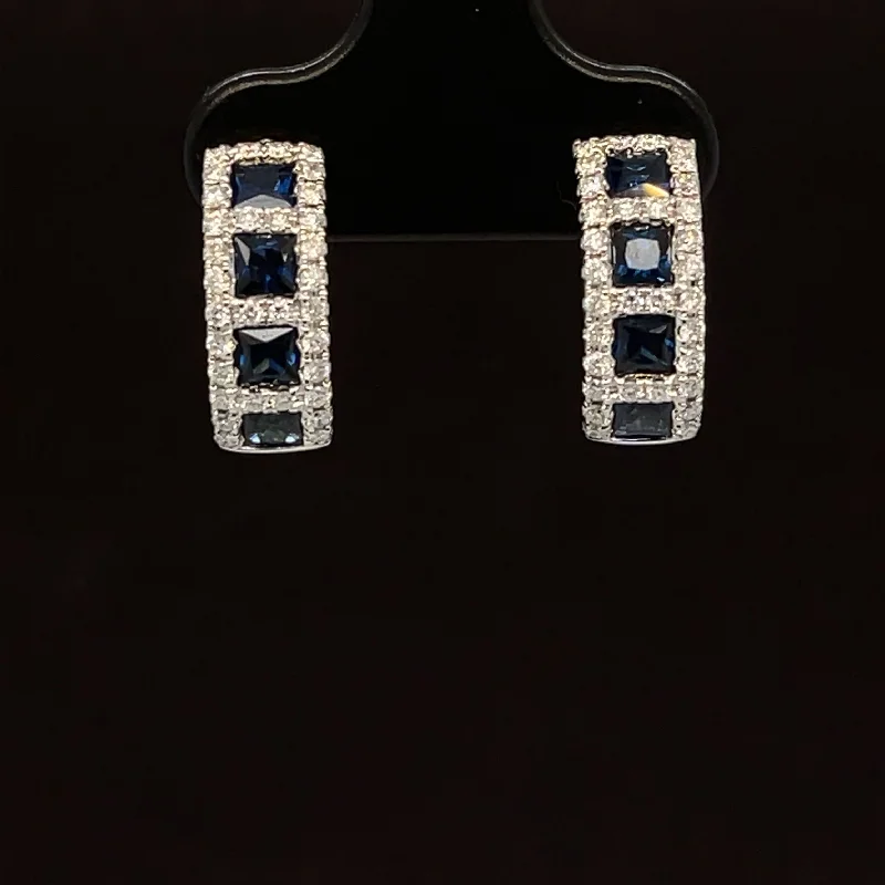 Artistic Earrings for Women-Blue Sapphire & Diamond Checkerboard Half-Hoop Earrings in 18k White Gold - #582 -ERSAP093506