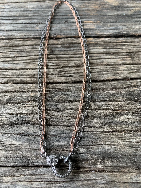 Rose Gold and Sterling Silver Double Strand Necklace with Pave Diamond Clasp