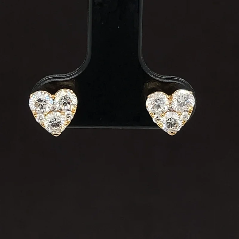 High-End Earrings for Weddings-Diamond 3-Stone 1.01ctw Heart Cluster Earrings in 18k Yellow Gold - #338 - ERDIA352178