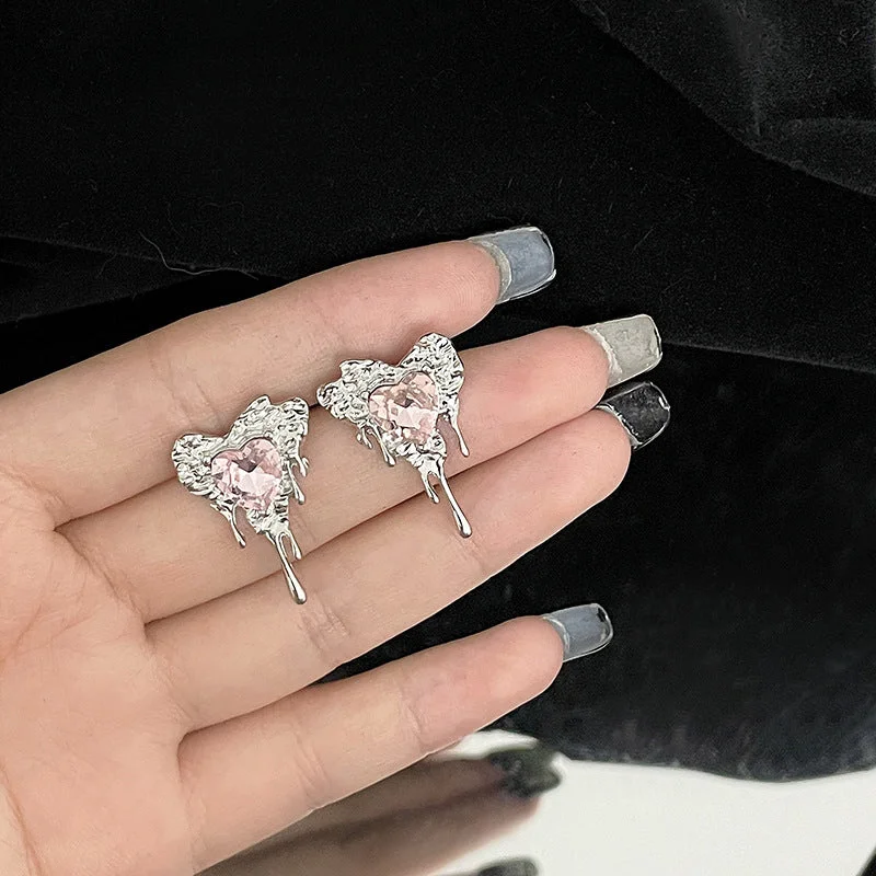 Sterling Silver Needle Love Heart Stud Earrings Pair