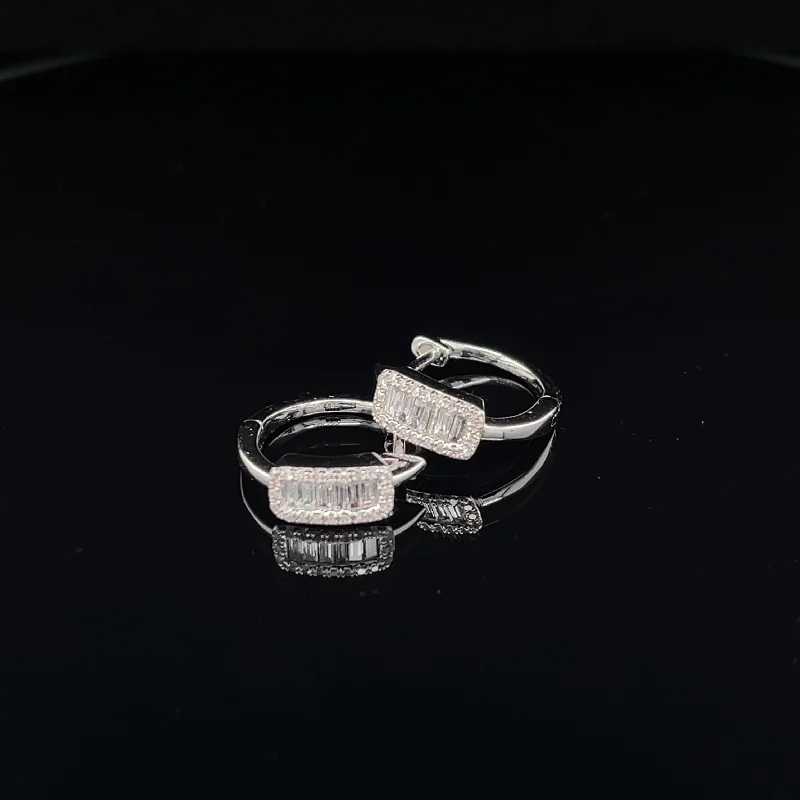 Unique Silver Earrings-Baguette Diamond Chunky Huggie Hoops in 14k White Gold - #165 KVE00013-001