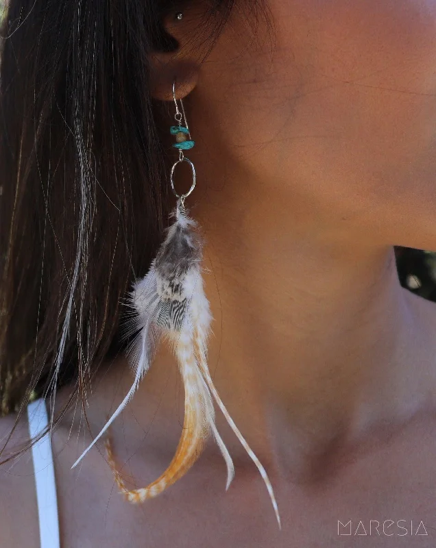 Large Drop Earrings for Weddings-Feather Turquoise Earrings ~ Sterling Silver 925