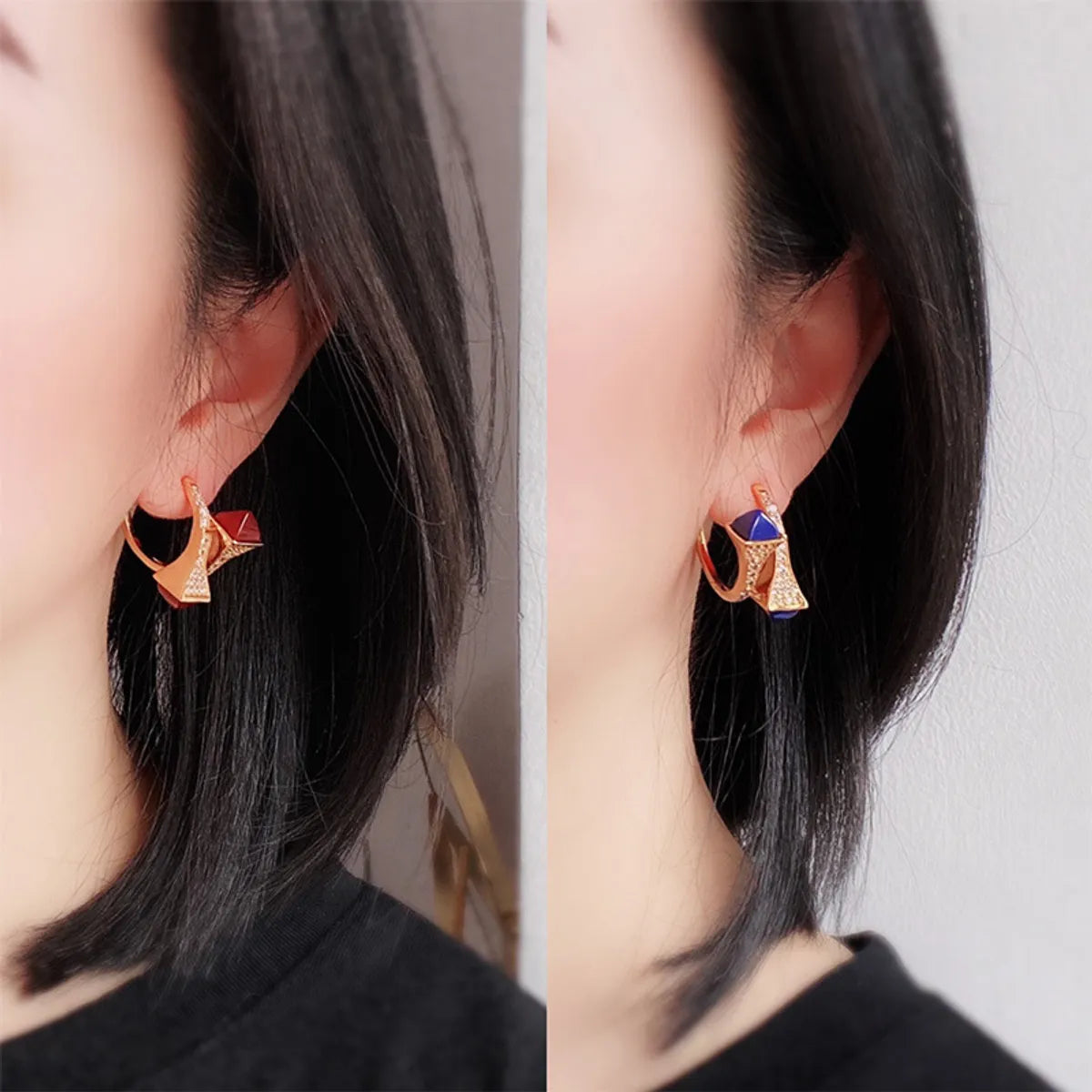 Moon Shaped Earrings-1 Pair Simple Style Commute Geometric Pyramid Inlay Copper Zircon 18K Gold Plated Ear Studs