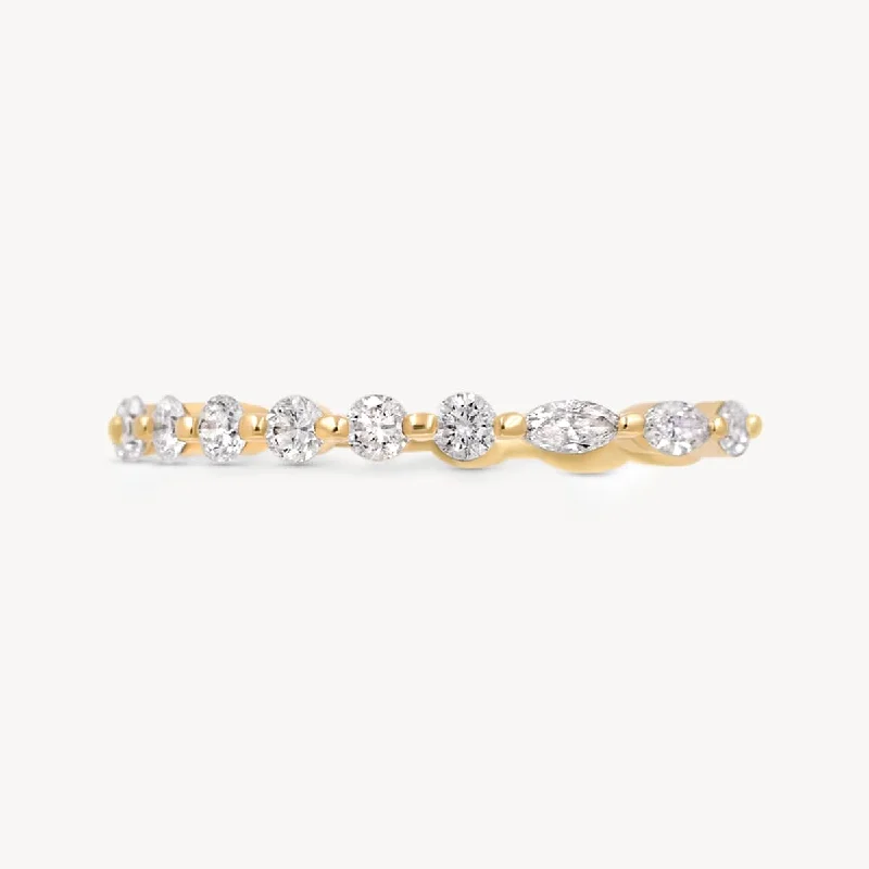 Simple Gold Wedding Band-Brilliant Floating Round and Marquise Diamond Ring