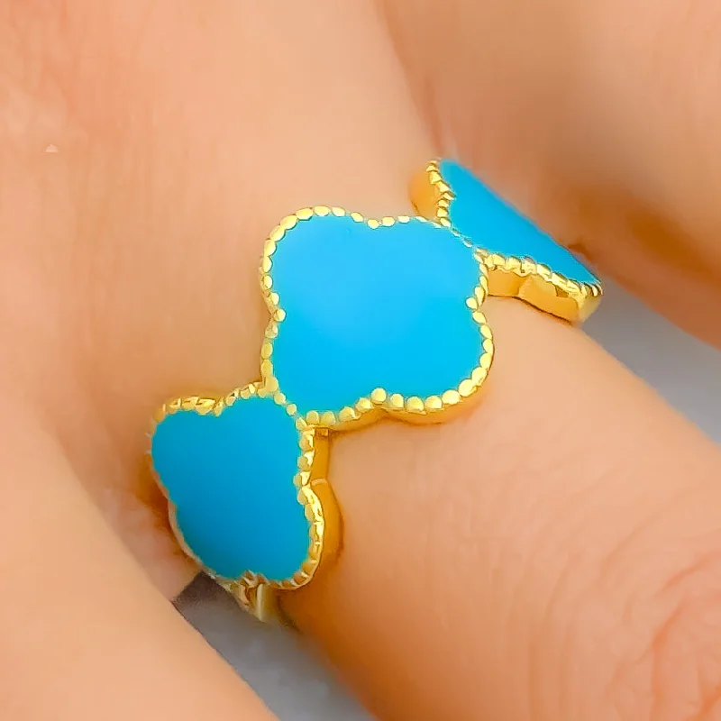 Simple Platinum Wedding Band-Beautiful Charming 21K Gold Clover Turquoise Enameled Ring