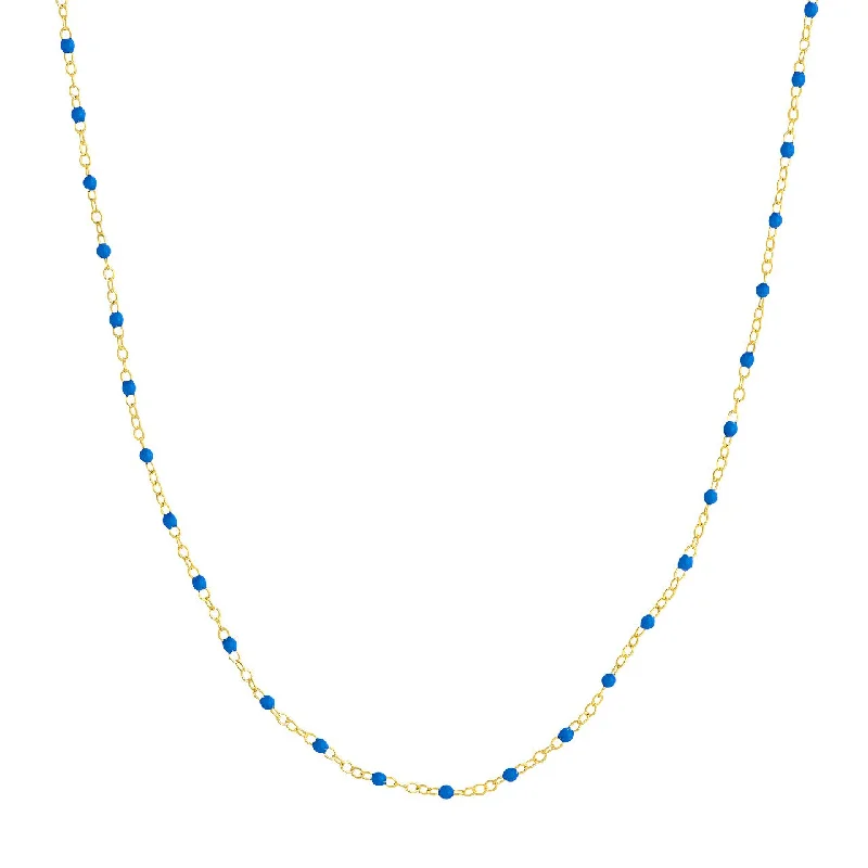 14K Yellow Gold and Cobalt Enamel Bead Station Necklace