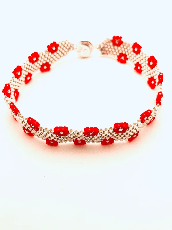 Luxury Silver Charm Bracelet-Beaded Flower Edge Bracelet, Red and Silver