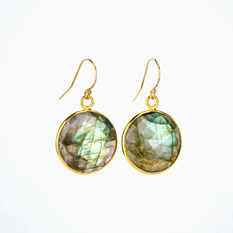 Silver Earrings with Diamonds-Labradorite large round Vermeil Gold or Sterling Silver bezel set Earrings