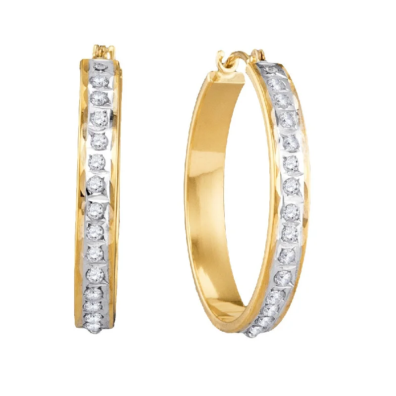 Unique Wedding Earrings-Diamond Fascination 14KT Yellow Gold 25MM Diamond Accent Hoop Earrings