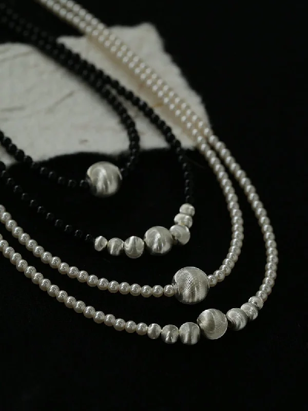 Brushed Silver and Black Agate Beaded Necklace