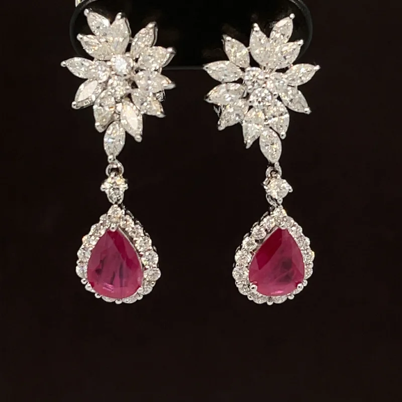 Silver Statement Earrings-Ruby & Diamond Poinsettia Double Drop Earrings in 18k White Gold - #583 - ERRUB032786