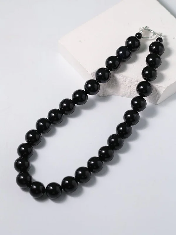 Black Agate Beaded OT Buckle Necklace-14mm