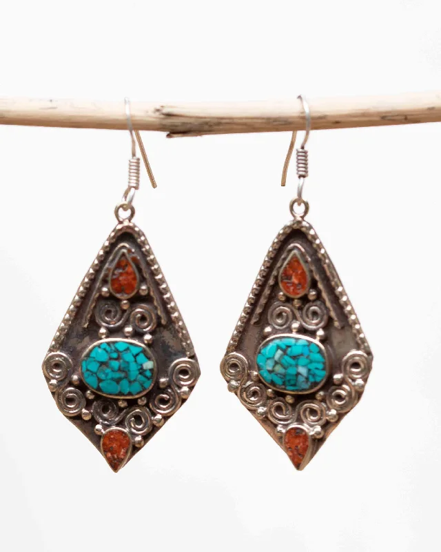 Trendy Silver Earrings-Amanda Turquoise Tibetan Earrings ~ German Silver ~ SME058