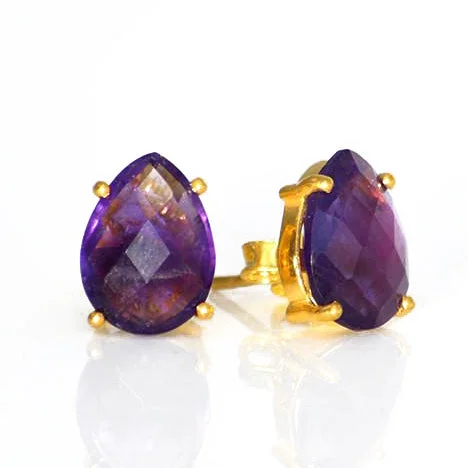 Artistic Dangle Earrings-Purple Amethyst Teardrop Prong Set Stud Earrings : February Birthstone