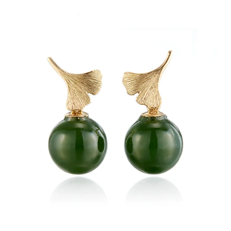 Long Chandelier Earrings-Ginkgo Green Nephrite Jade Drop Earrings