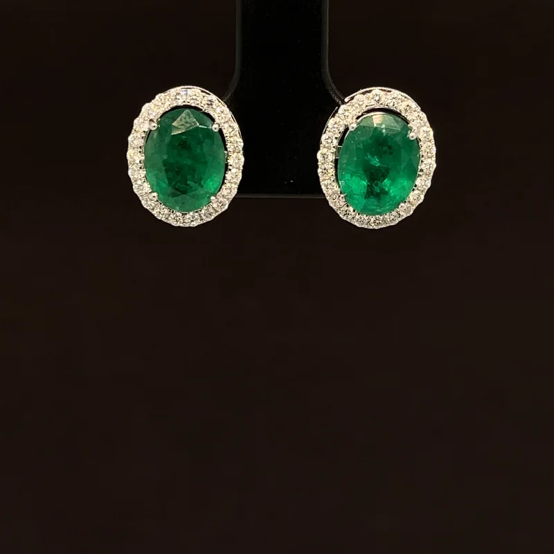 Vintage Wedding Earrings-Emerald & Diamond 3.79ctw Oval Cluster Halo Stud Earrings in 18k White Gold - #382 - EREME027472