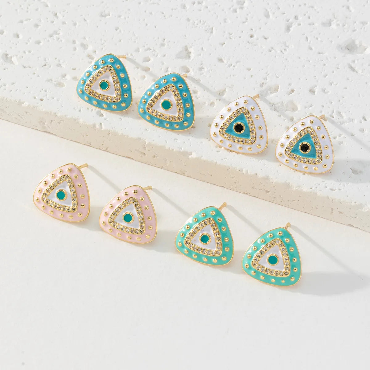 Luxury Drop Earrings-1 Pair Fashion Triangle Devil's Eye Copper Enamel Zircon Ear Studs