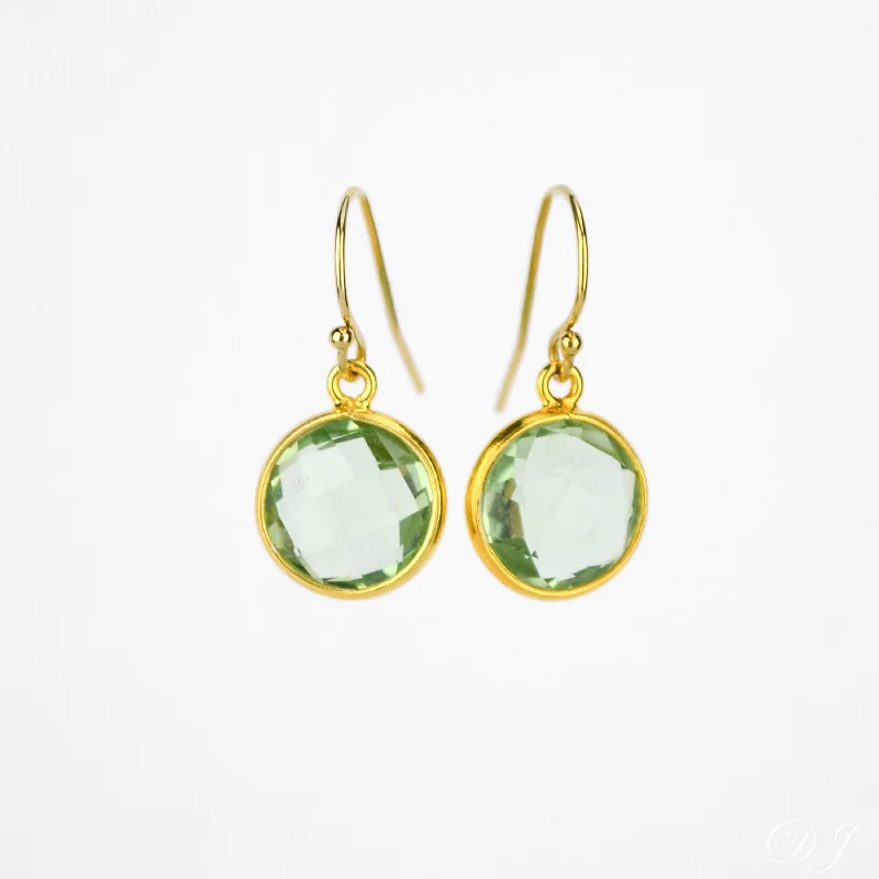 Vintage Gold Earrings-Green Amethyst bezel set Earrings  - February Birthstone