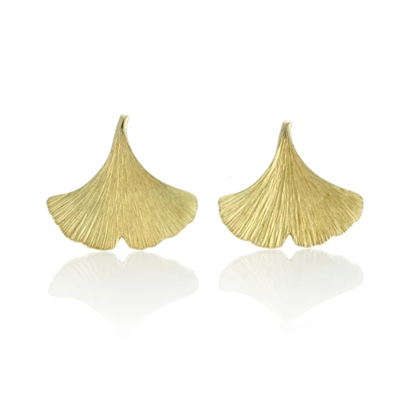 Wedding Earrings with Diamonds-Brushed Gold Ginkgo Leaf Stud Earrings