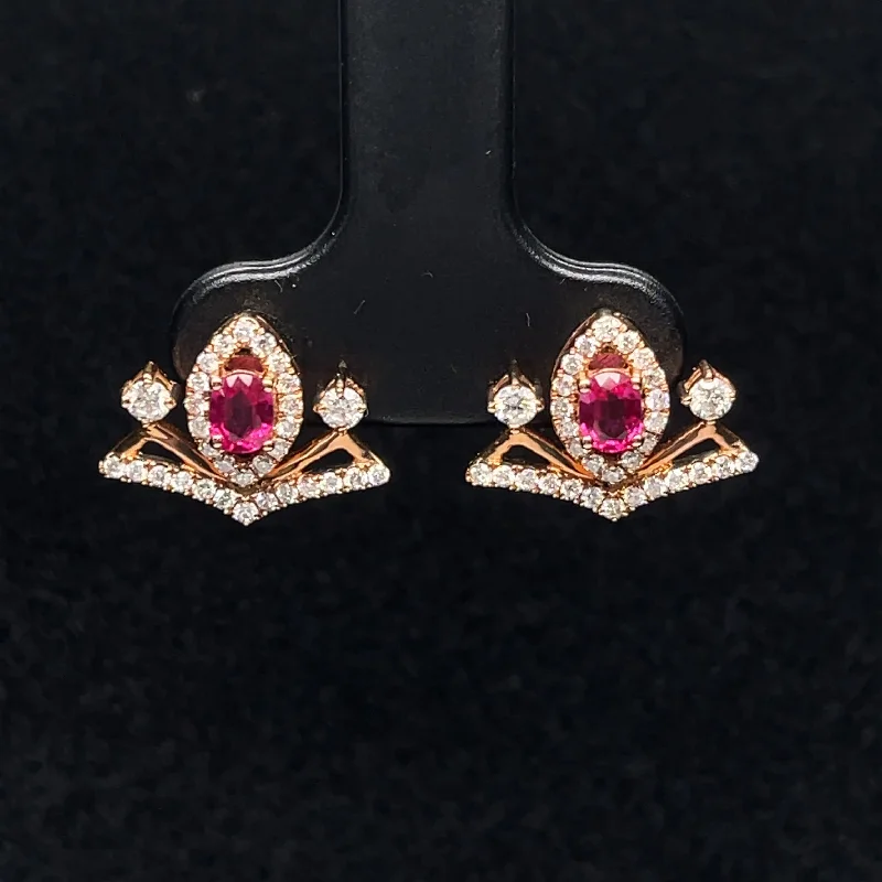 Dazzling Drop Earrings-Ruby & Diamond Art Deco Stud Earrings in 18k Rose Gold - (#22-HERUB000165)