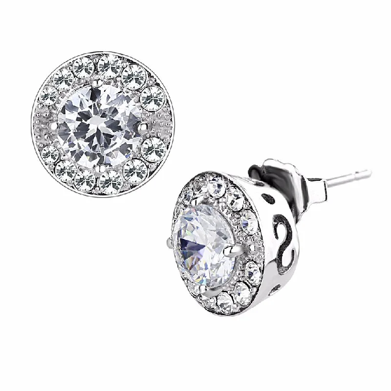 Stylish Dangle Earrings-6x6mm Round Clear CZ center surrounded by Top Grade Crystal Stainless Steel Earrings