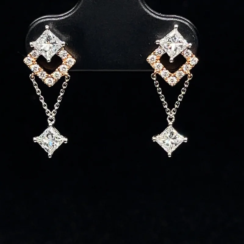 Trendy Earrings for Bridesmaids-Diamond Solitaire Chain Dangle Square Earrings in 18k White Gold - (#80-ERDIA346346)