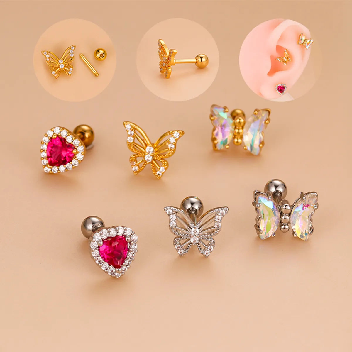 Designer Diamond Earrings-1 Piece Fashion Heart Shape Butterfly Hollow Out Inlay Stainless Steel Copper Zircon Ear Studs