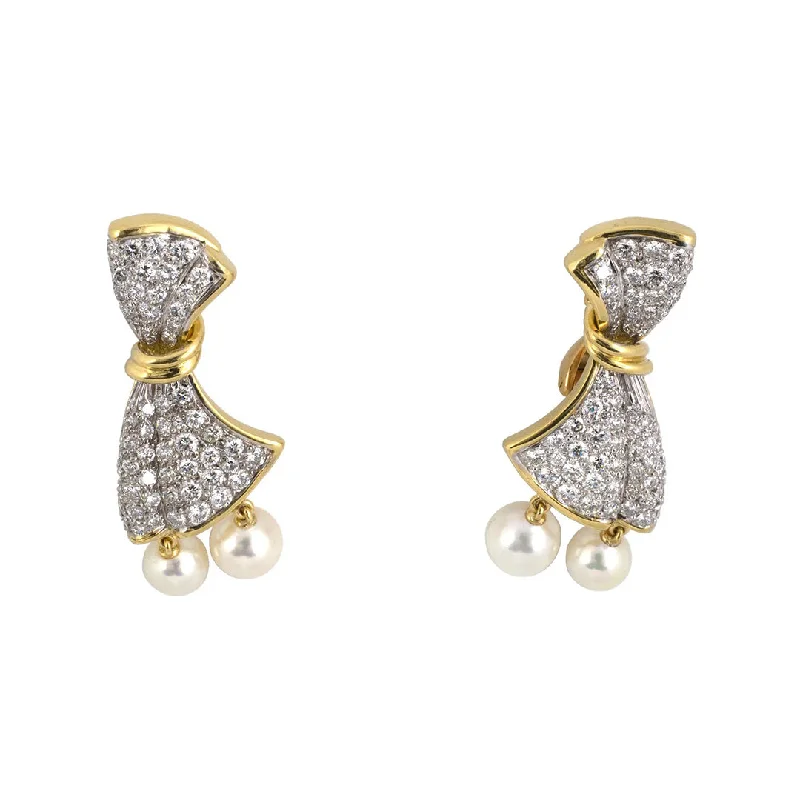 Trendy Silver Earrings-Diamond & Pearl Bow Drop Earrings