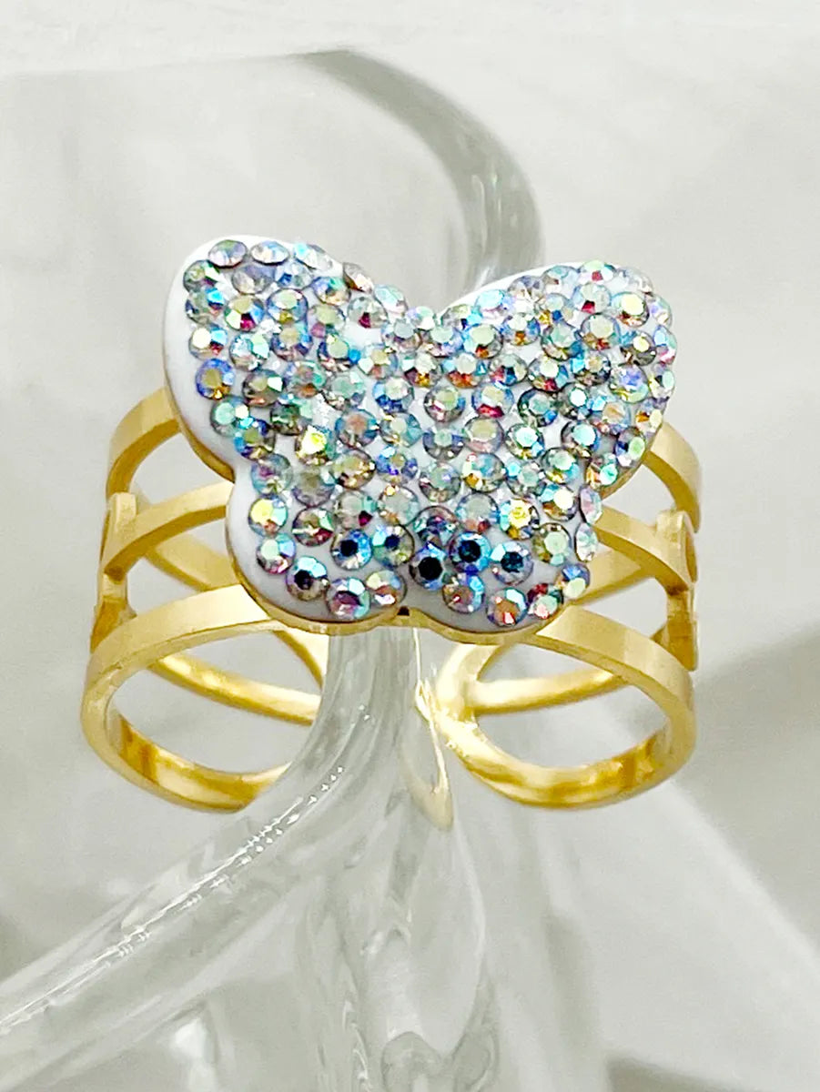 Wedding Band for Bride-Nordic Style Glam Butterfly Stainless Steel Gold Plated Rhinestones Open Ring In Bulk