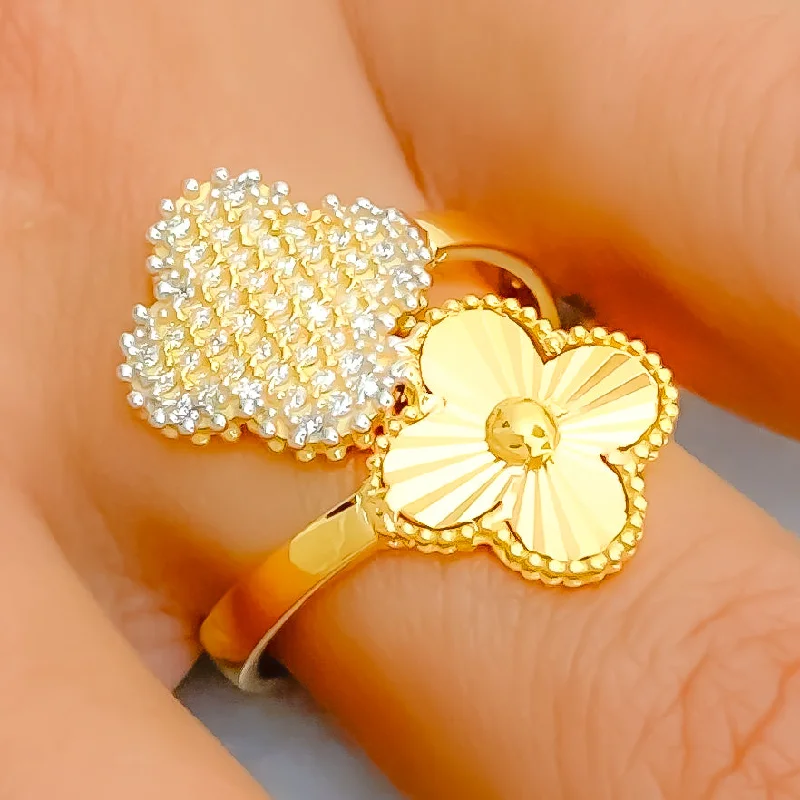 Classic Platinum Wedding Ring-Overlapping Dual Flower 21K Gold Clover CZ Ring