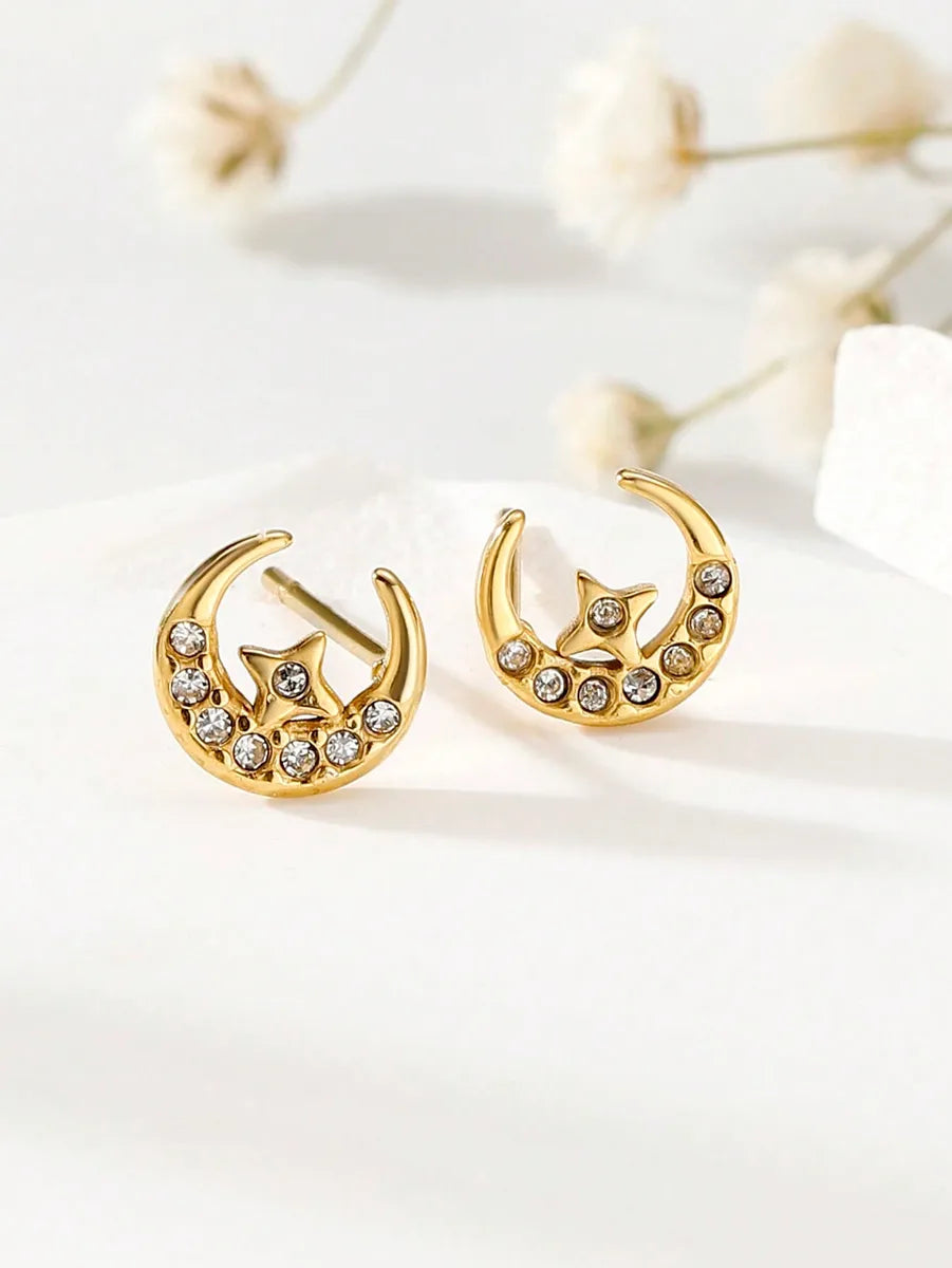 Gold Earrings for Teens-1 Pair Simple Style Commute Moon Plating Inlay Stainless Steel Zircon 18k Gold Plated Ear Studs